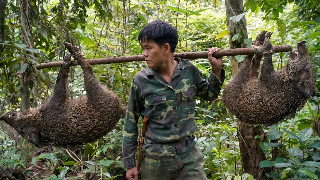 200 Days of Survival: Trapping Wild Animals, Confronting Predators, Hunting, Chasing, green forest