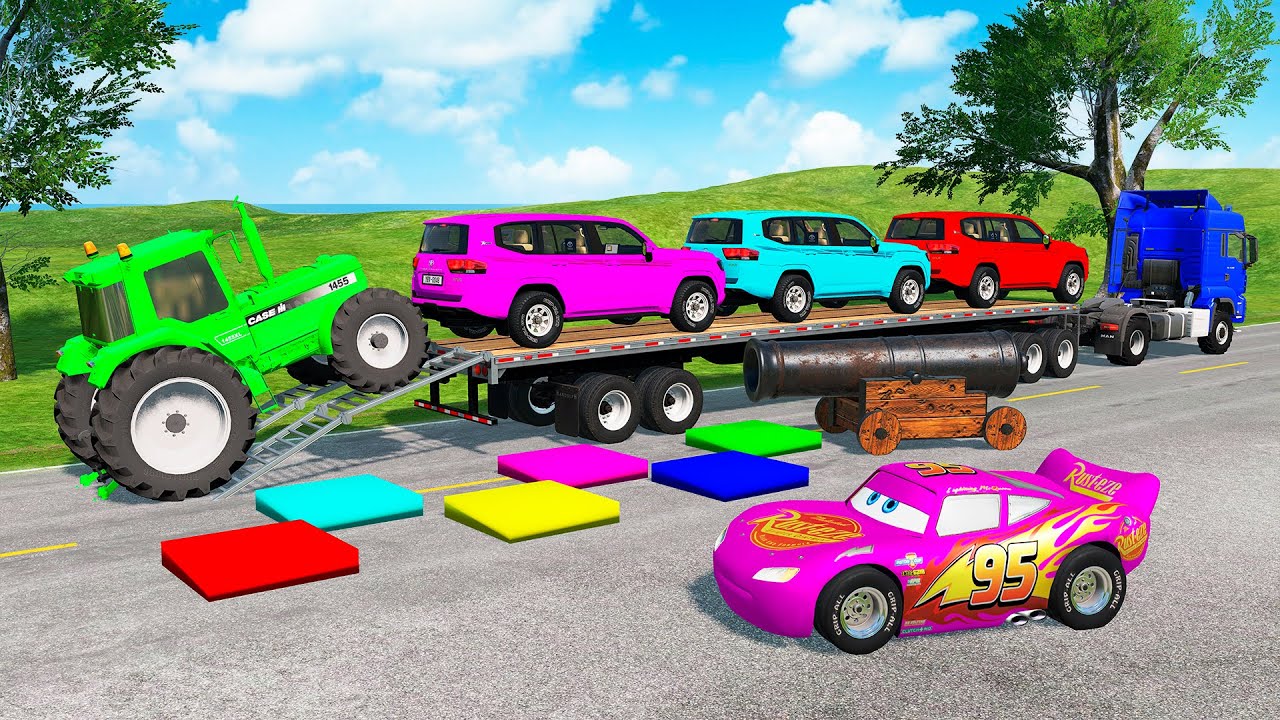 Flatbed Truck Mcqueen | Transportation with Truck - Pothole vs Car #44 - BeamNG.Drive
