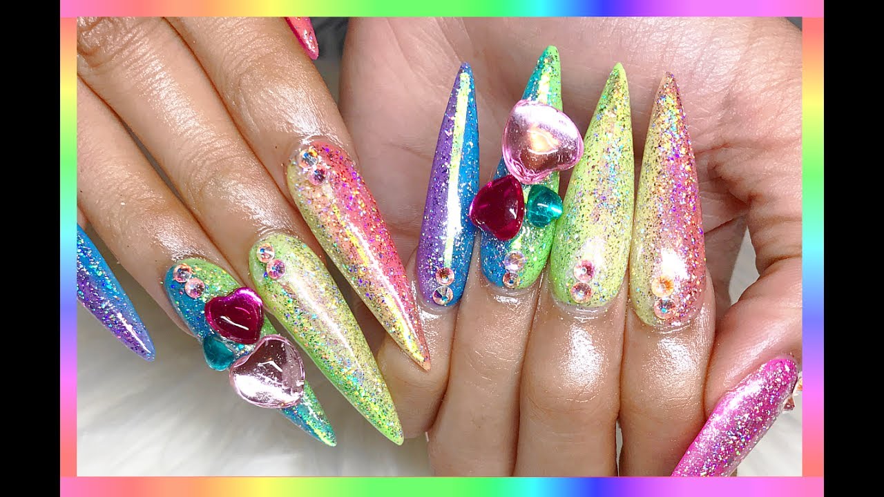 🌈 ♡ Vertical Rainbow Galaxy Holo Acrylic Nails ♡ 🌈