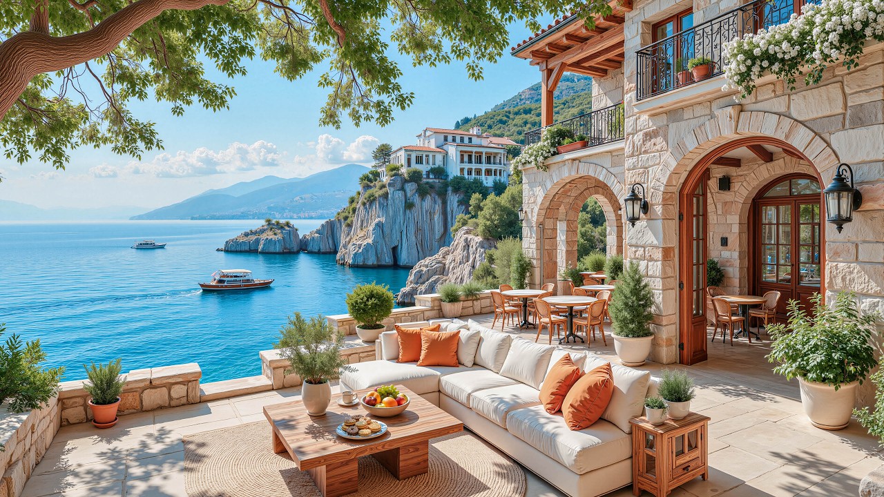 Happy Summer Jazz Ambience & Sea Waves | Tropical Bossa Nova Jazz at Cozy Coffee Porch Ambience