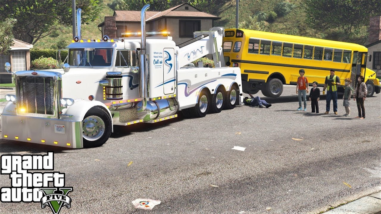 GTA 5 Real Life Mod #137 Peterbilt Tow Truck Wrecker Towing A School Bus That Broke Down