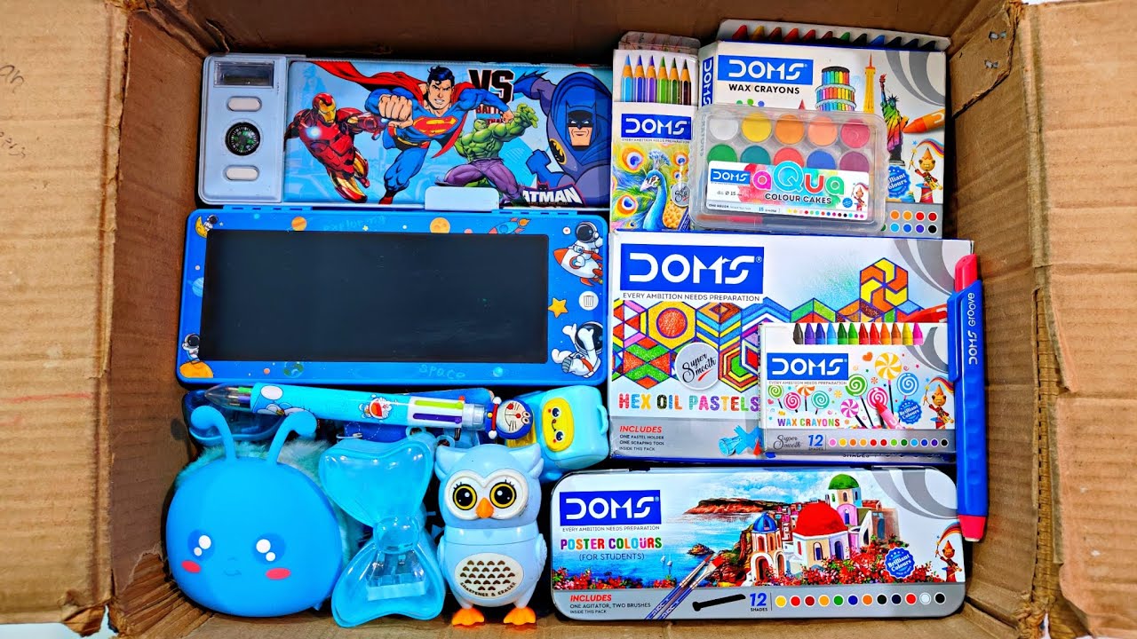 Unboxing Doms Stationery VS Blue Stationery📚, Oil Pastel, Geometry Box, Eraser, Pouch, Poster Colour