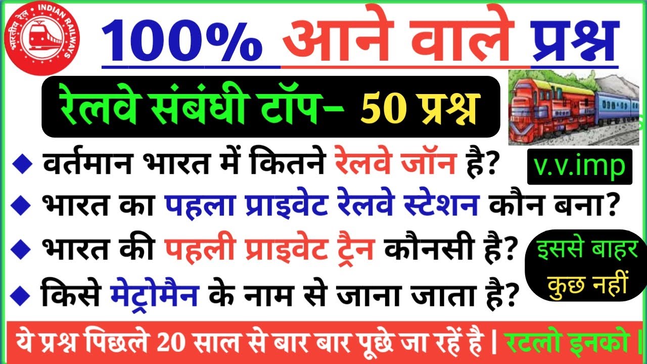 Railway Related GK | Important Questions | रेलवे से संबंधित सभी महत्‍वपूर्ण प्रश्‍न, Current Affairs