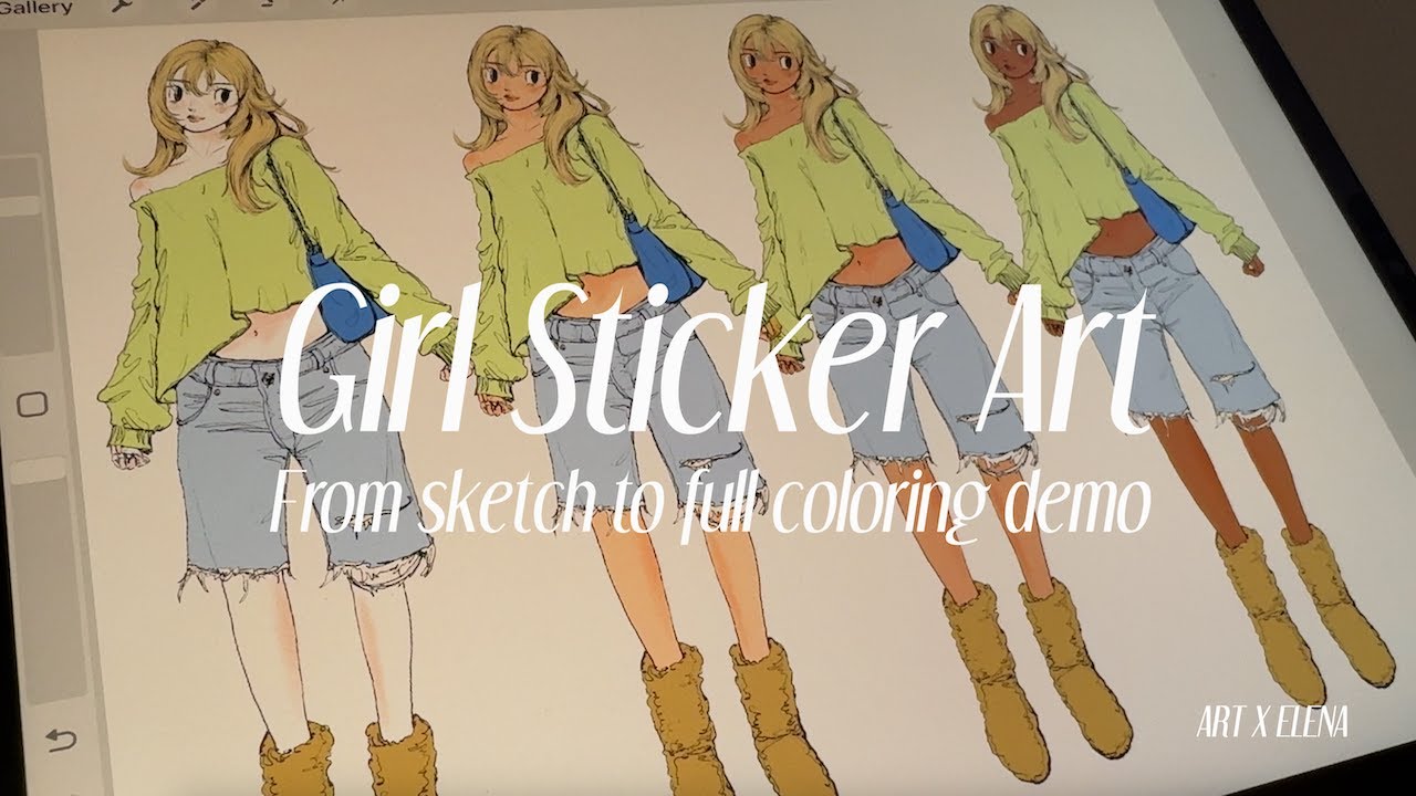 Spring Mood Girls Sticker illustration -2 | From sketch to full coloring demo