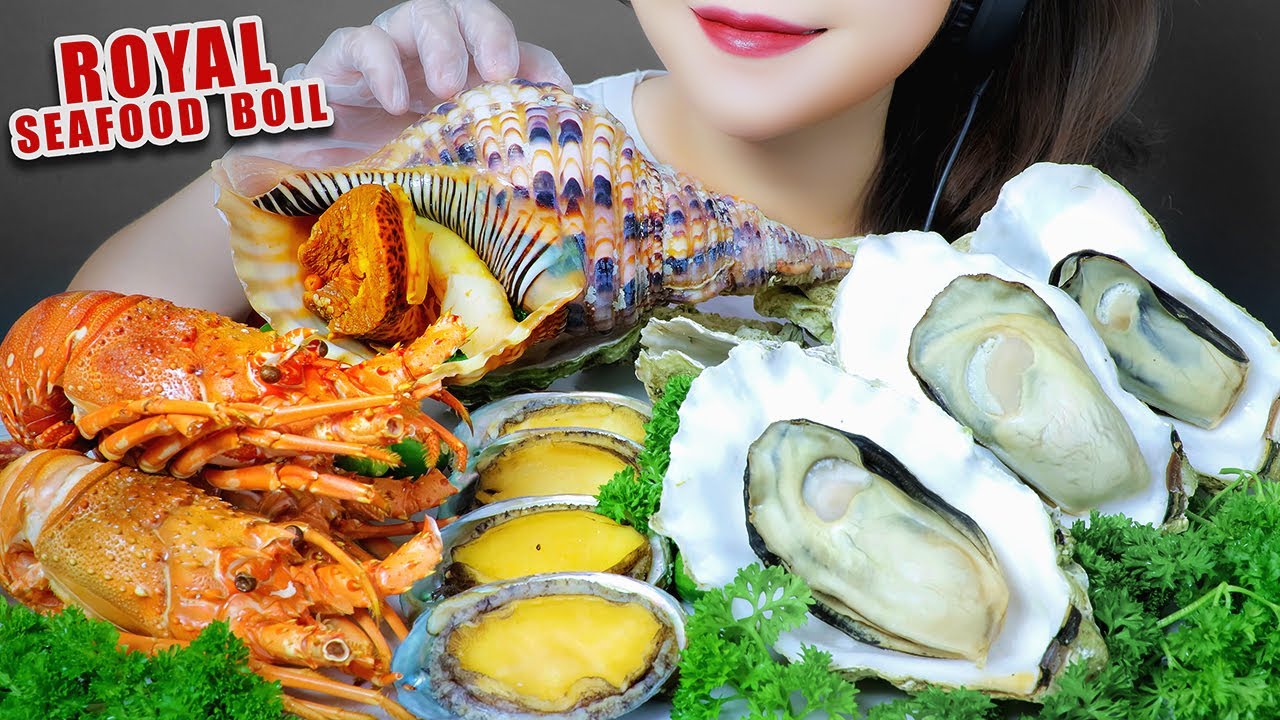 ASMR ROYAL SEAFOOD BOILED PLATTER(LOBSTER ABALONE GIANT OYSTER QUEEN SNAIL)EATING SOUNDS |LINH-ASMR