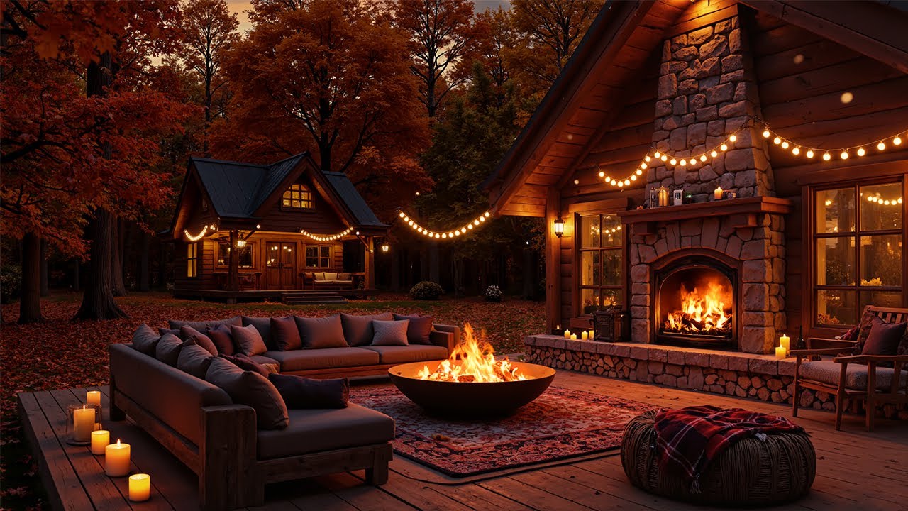 Warm Fireplace Ambience | Cozy Porch Night with Autumn Jazz for Sleep, Study & Mental Clarity
