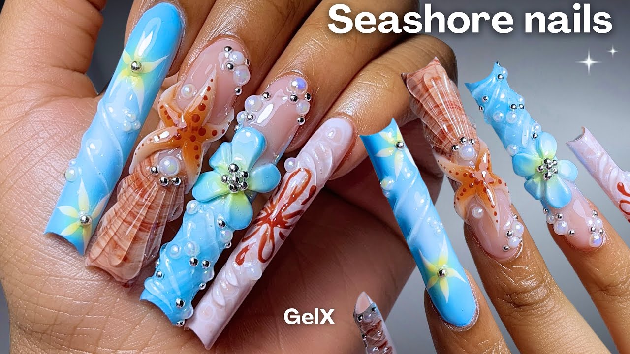 Beachy Summer GelX Nails☀️🐚🐬🫧 Water effect nails + seashell nail art 🌺✨3d nail art tutorial