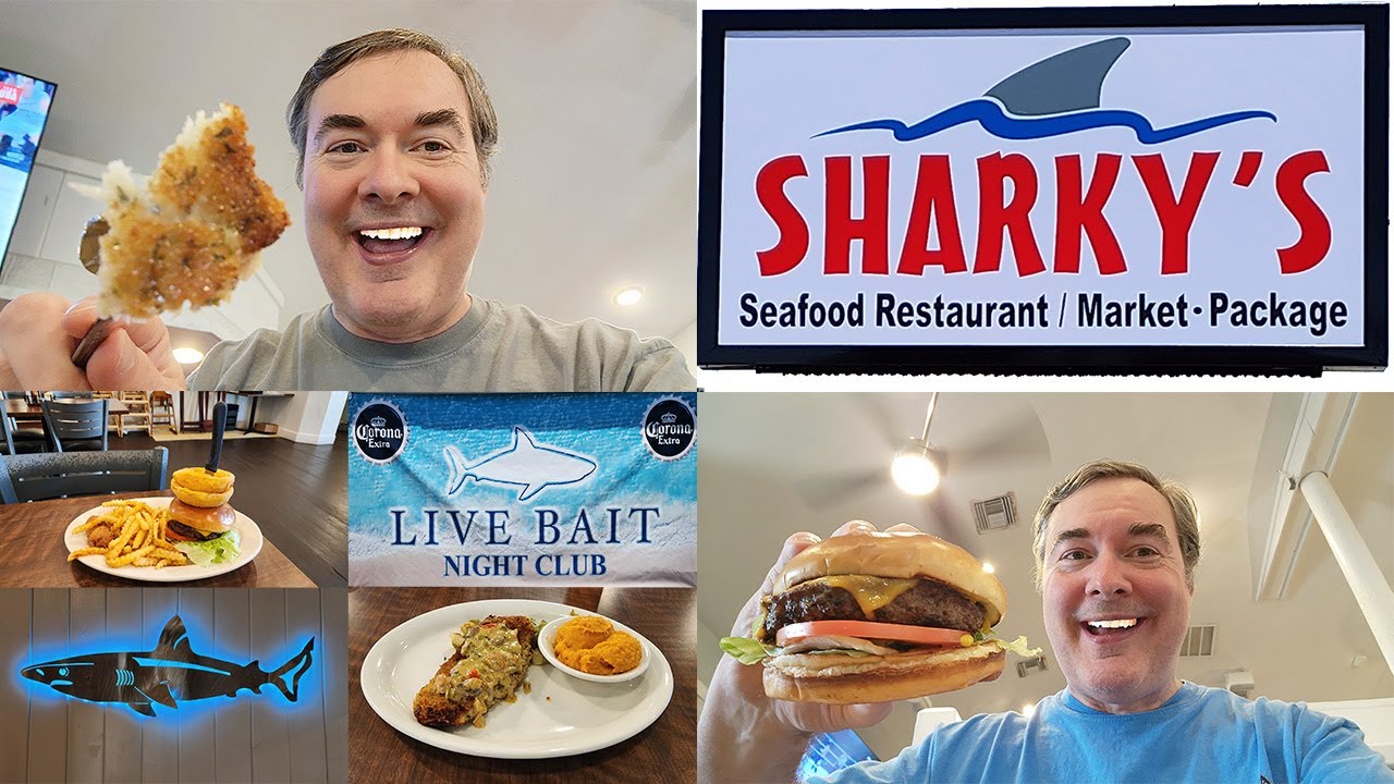 Beach Food Restaurant Travel Guide: Seafood & Burgers at Sharky’s at Live Bait in Orange Beach, AL