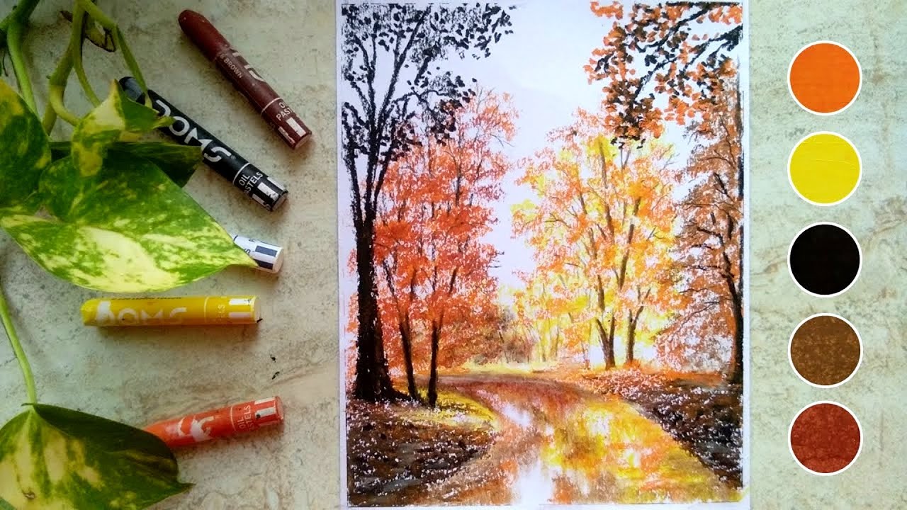 oil pastel drawing with 12 colours🍁 quite autumn morning ☕