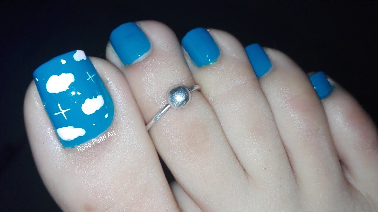 Cute Clouds on Warm Blue Pedicure- Toe Nail Art Tutorial | Rose Pearl