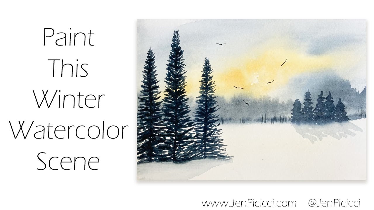 Simple Watercolor Winter Scene with Sky and Evergreen Trees - Painting Tutorial for beginners