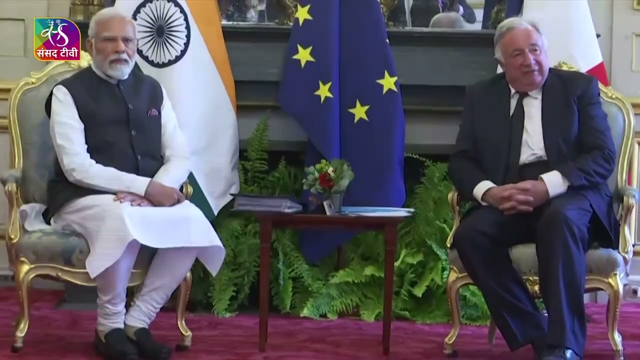 PM Narendra Modi meets Gerard Larcher, President of the French Senate in Paris