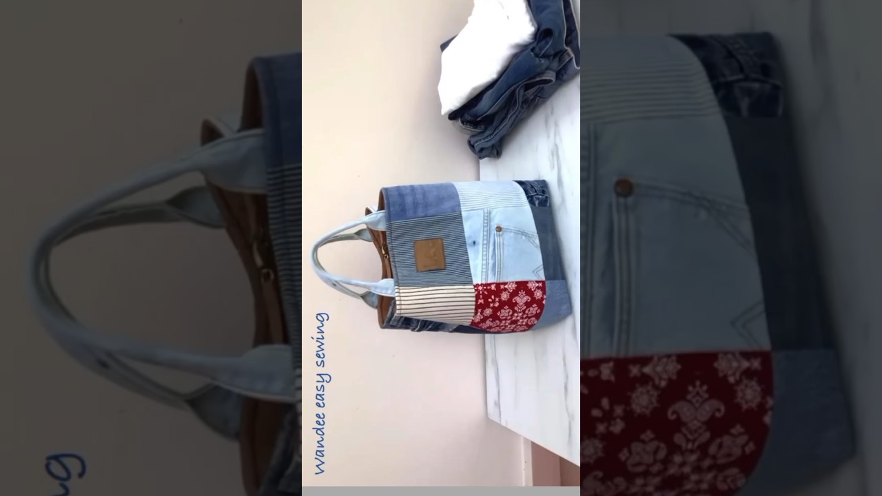 Sewing diy denim tote bag tutorial from old jeans #wandeeeasysewing #diytotebag #totebag #diyjeans