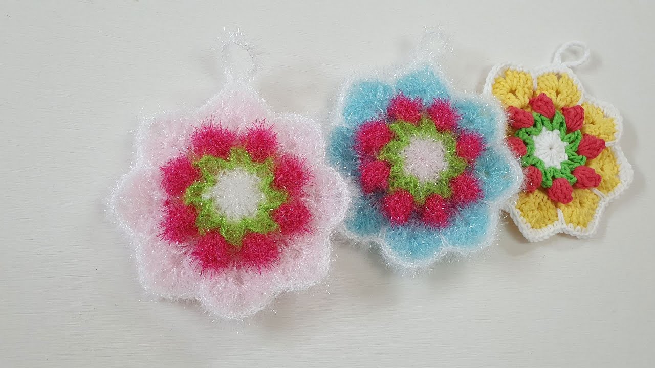 수세미뜨기/ 튤립꽃 평면수세미  Crochet flower dish scrubby