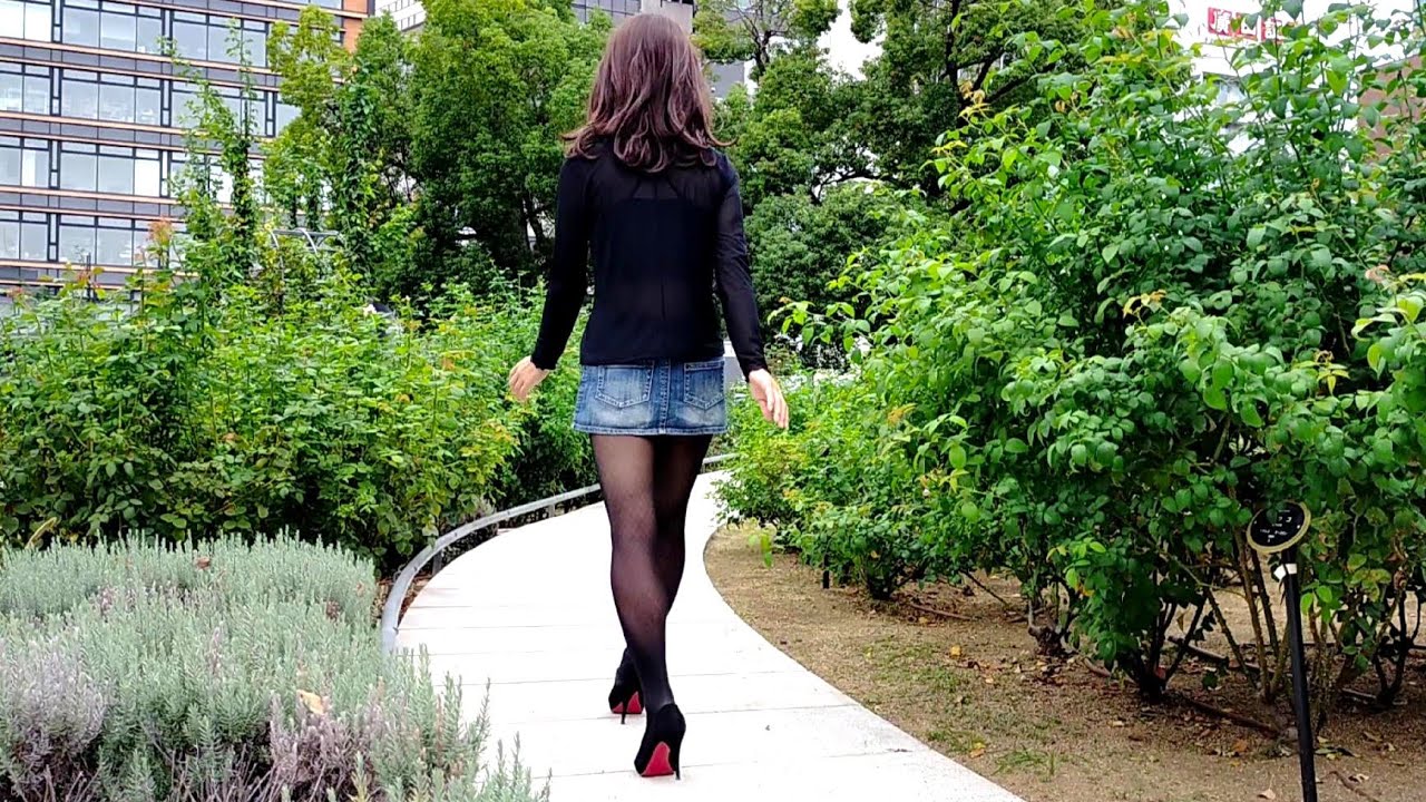 Crossdresser Walking, Denim skirt, Sheer top