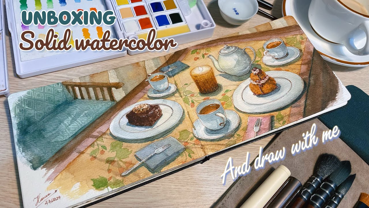 Unboxing Solid Watercolor - Màu nước cho học sinh - And draw with me 🤎