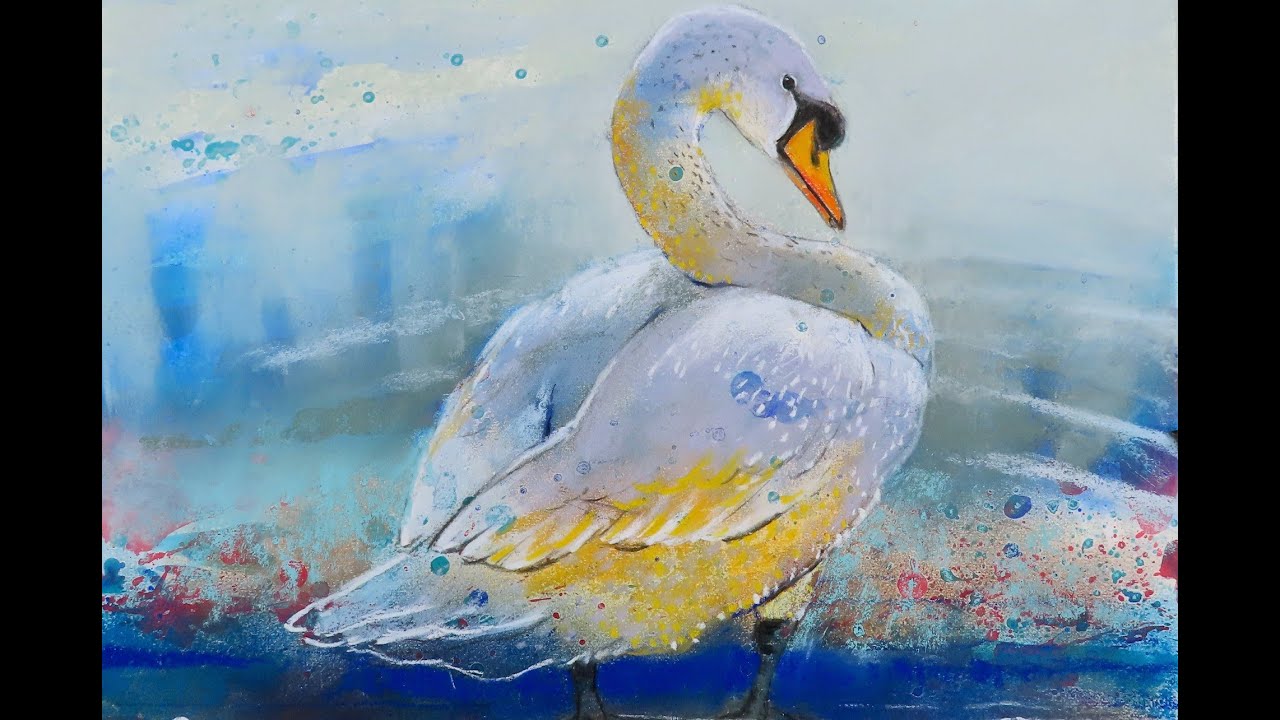 Zwaan tekenen met pastelkrijt en schilderen met Golden So Flat op Aquarelpapier.