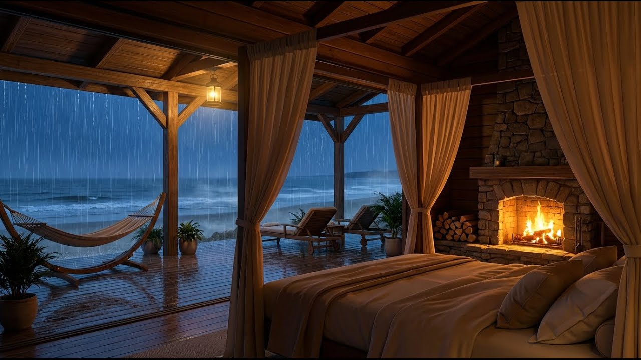 😴 All Night   Rain on Tin Roof & Crackling Fire   for Insomnia Relief