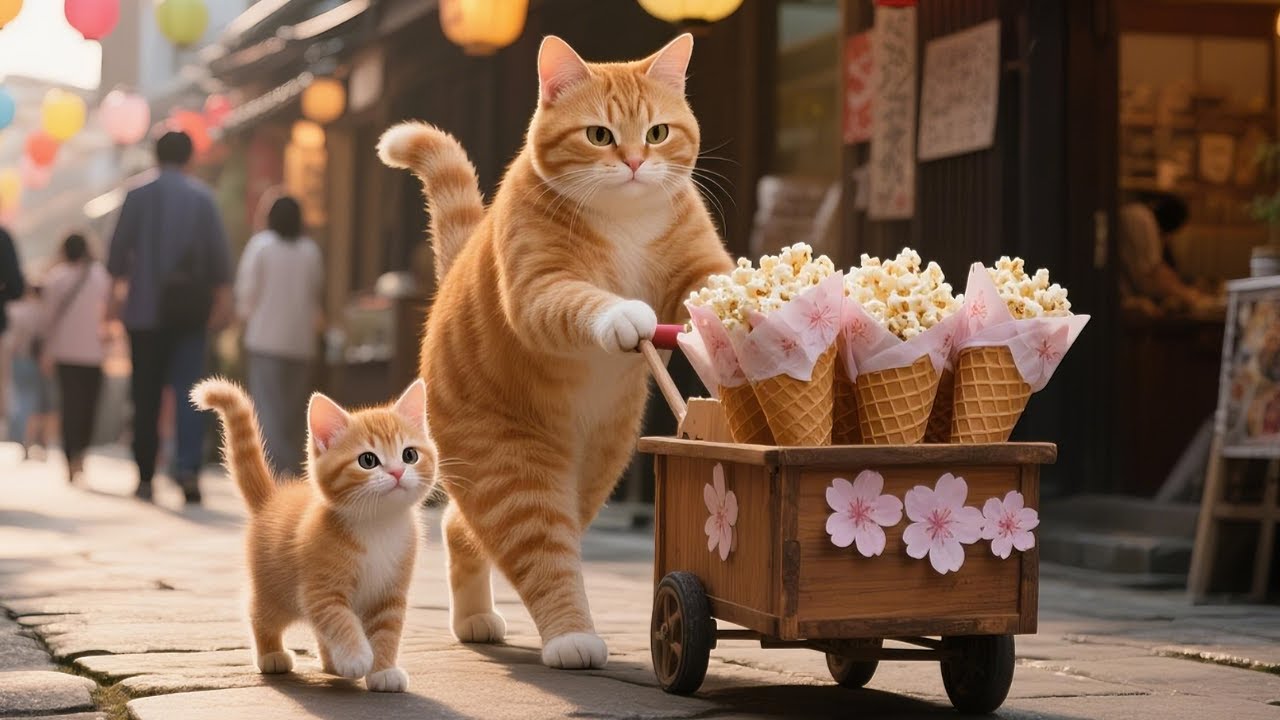 Inflatable Pool Breaks! Mama Cat & Kitten Sell Popcorn to Buy New Pool – Summer Heat Adventure! 🏊‍♀️