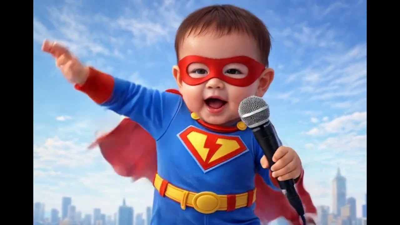 Superhero baby funny sings with his friends