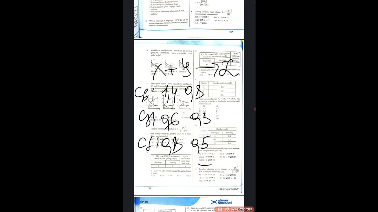 Kimya güvən 2024 test toplusu, Kimyəvi tarazlıq.Tarazlıq sabiti test izahı