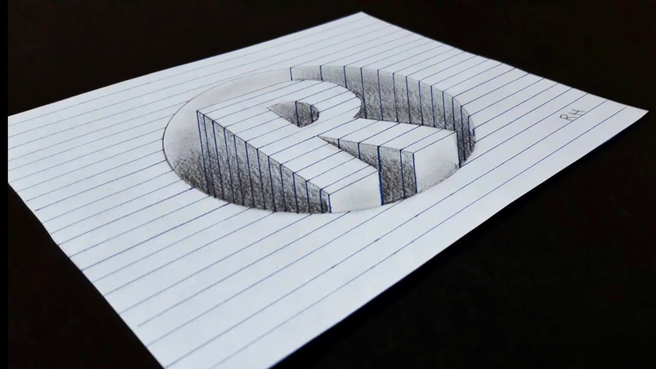 كيف ترسم حرف R ثلاثي الأبعاد محفور في دائرة'How to draw a 3D letter R engraved in a circle trick art