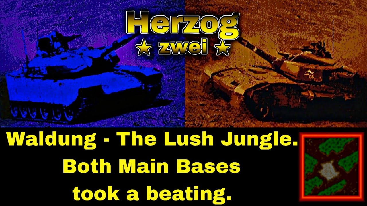 Switch Herzog Zwei G8, 2P splitscreen gameplay on Waldung: Both Main Bases sustained heavy damage.