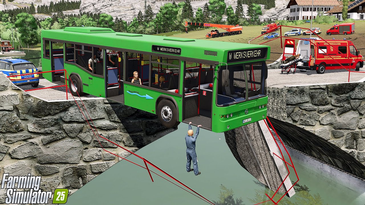 Bus Accident on Bridge! Almost Falls Into River │FS 25 Roleplay