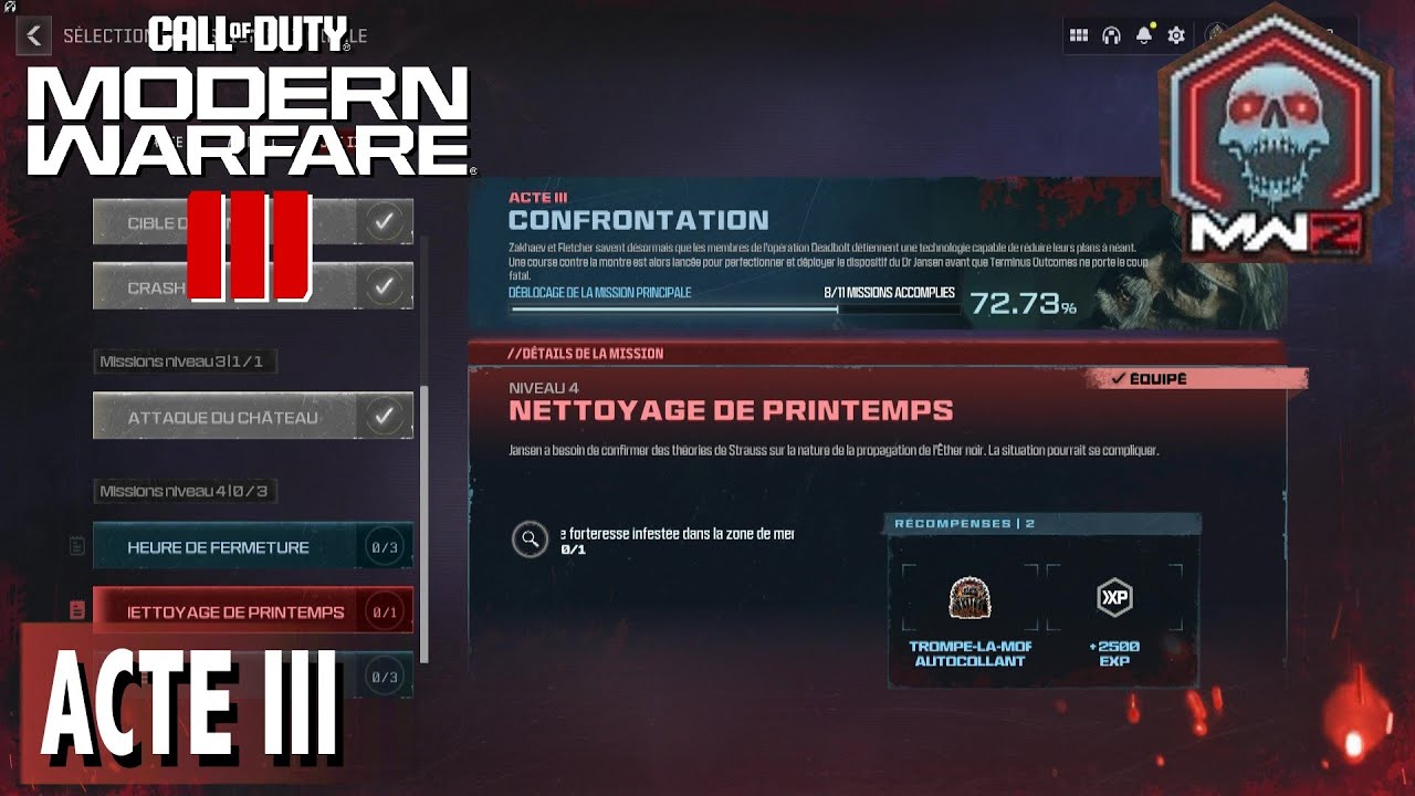 NETTOYAGE DE PRINTEMPS SOLO NIVEAU 4 ACTE 3 CONFRONTATION ZOMBIE CALL OF DUTY MODERN WARFARE 3