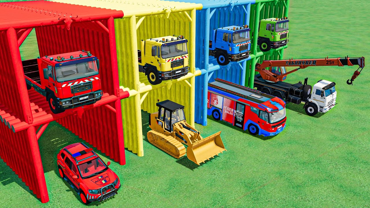 GARAGE with COLORS - TRANSPORTING POLICE CARS , CRANE , FIRE TRUCK , LOADER | FS22