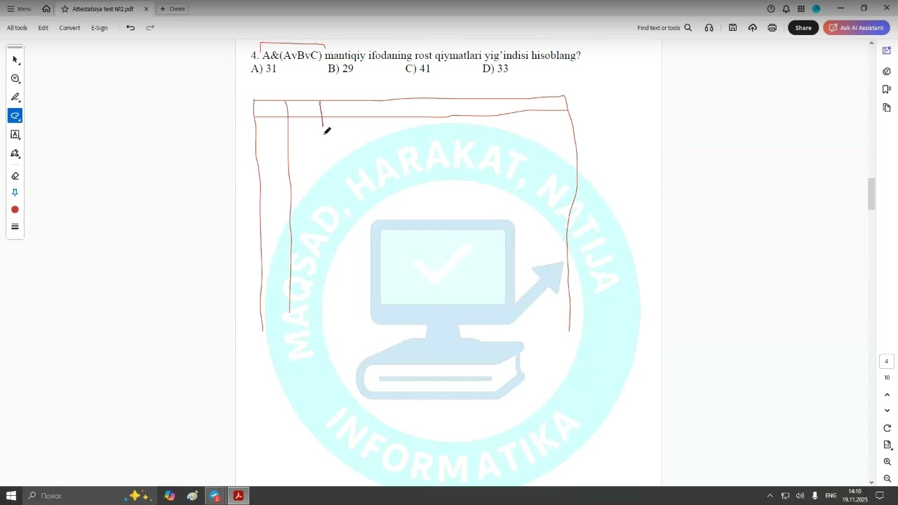 Informatika fanidan attestatsiya darajasidagi savollar tahlili | 2-test