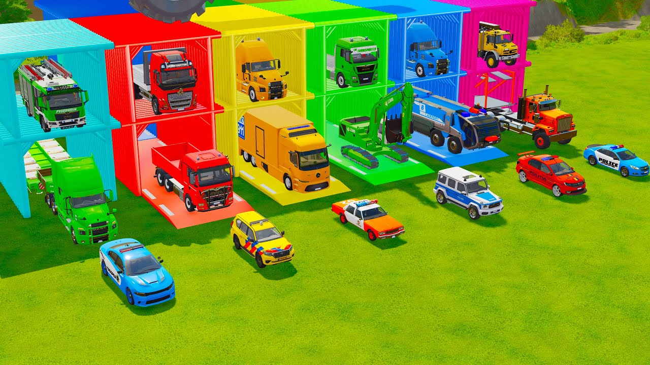 TRANSPORTING ALL POLICE CARS, EMS VEHICLES, FIRE ENGINE, EXCAVATOR, DUMP TRUCK TO GARAGE - FS22