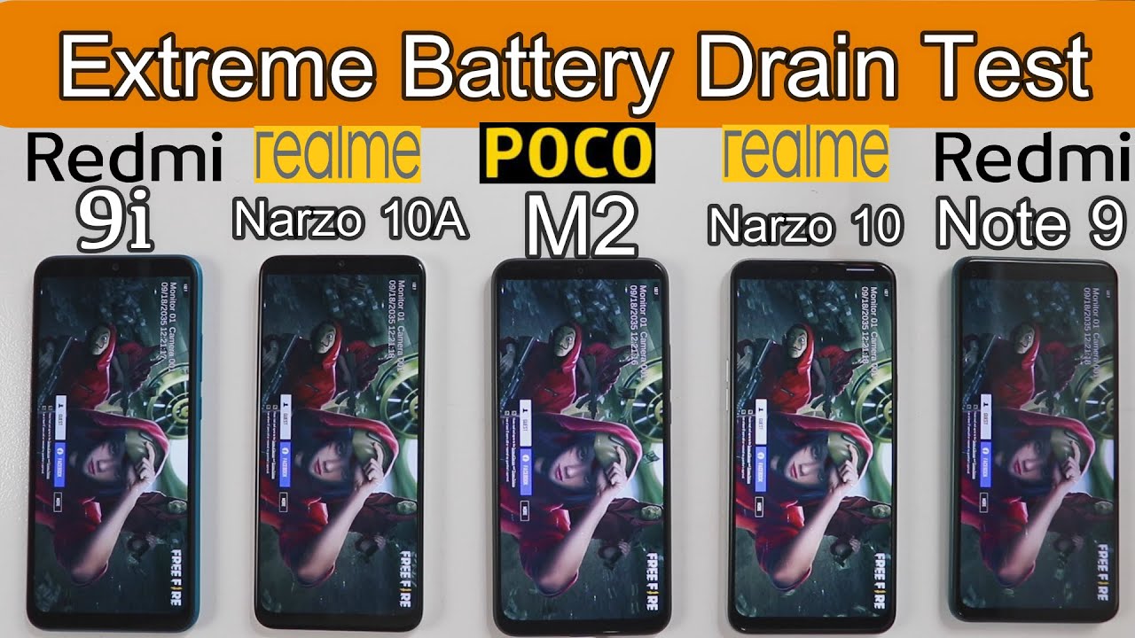 Poco M2 vs Narzo 10 vs Redmi Note 9 vs Redmi 9i vs Narzo 10A Battery Drain Test 100% To 0% Test !!