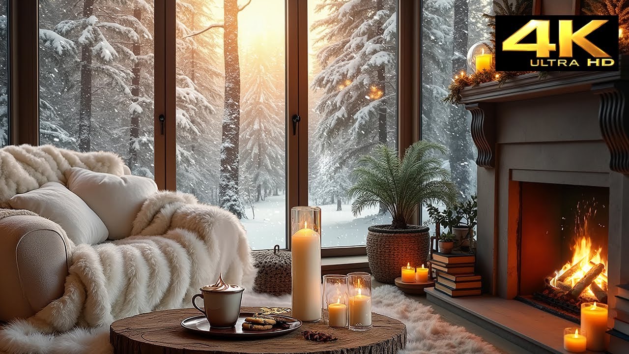 Warm Cozy Cabin ❄️ Crackling Fireplace & Snowy  Sunny Forest | Winter Relaxation Ambience