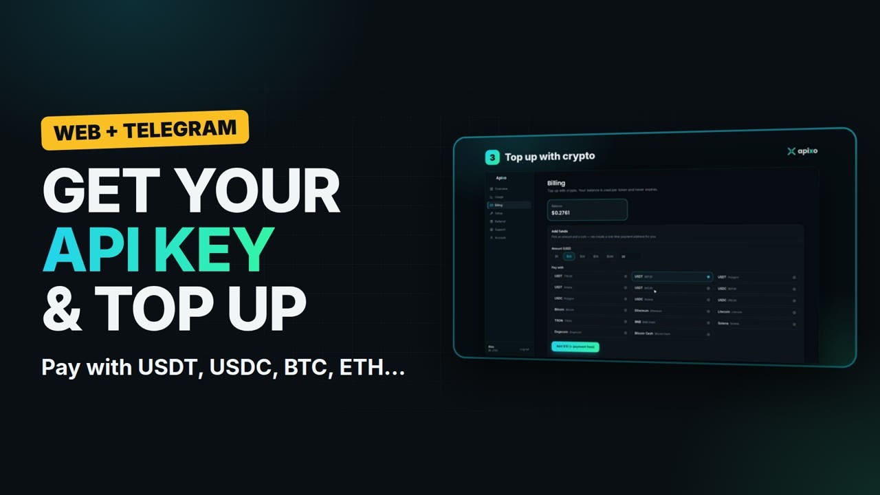 How to Get Your Apixo API Key & Top Up with Crypto (Website + Telegram)