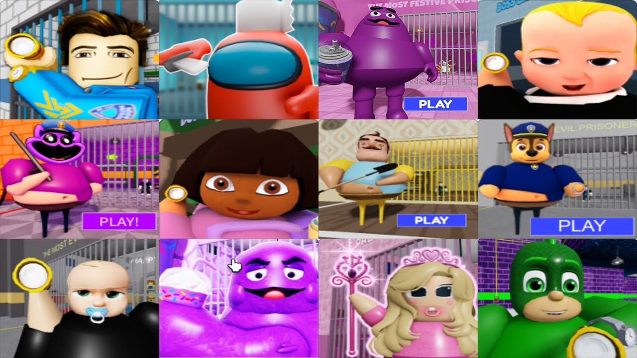 All Games BARRY COP PRISON RUN Roblox Among Us Barbie Digital Circus Boss Baby Pj Masks Paw Patrol