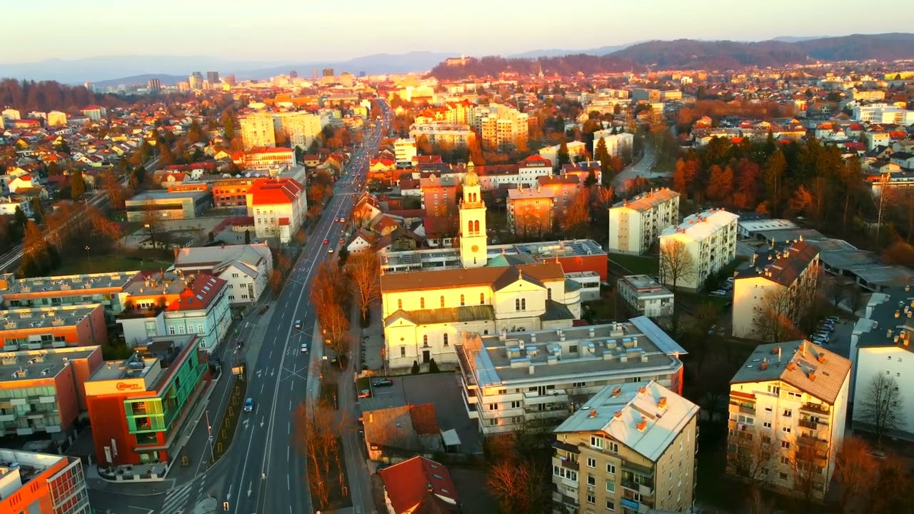 Aerial evening view of the Church of St. Anthony of Padua - Ljubljana Slovenia
