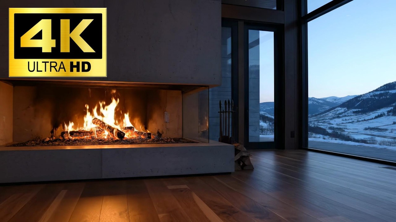 Cozy Modern Cabin Fireplace 10 Hours 4K - Mountain View Window Rain & Crackling Fire