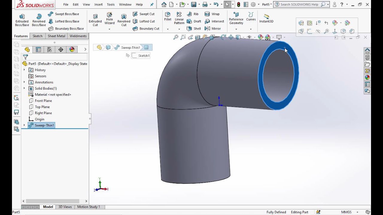 Elbow 90 degrees with tapered entry in SOLIDWORKS