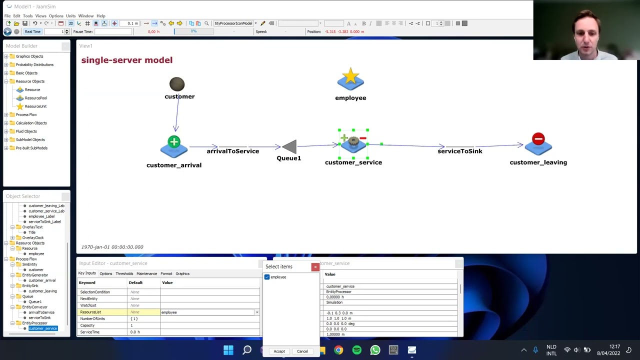 Single- and multi-server waiting line model in Jaamsim.