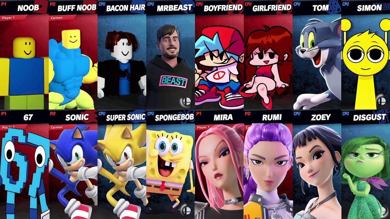 NEW Sonic vs Roblox vs Tom vs MrBeast vs Fortnite vs Brainrot vs SpongeBob vs 67 in Smash Bros