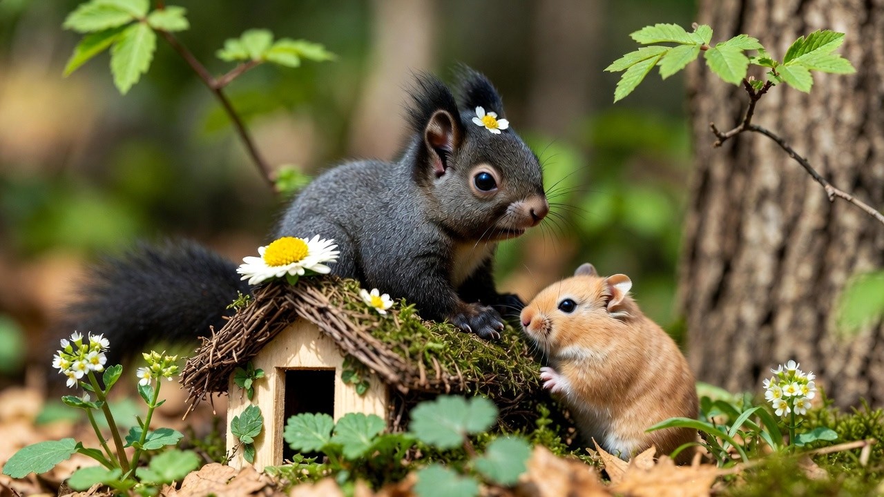 Cutest Tiny Friends! Adorable Hamster and Black Squirrel Relaxing in a Tiny Spring House