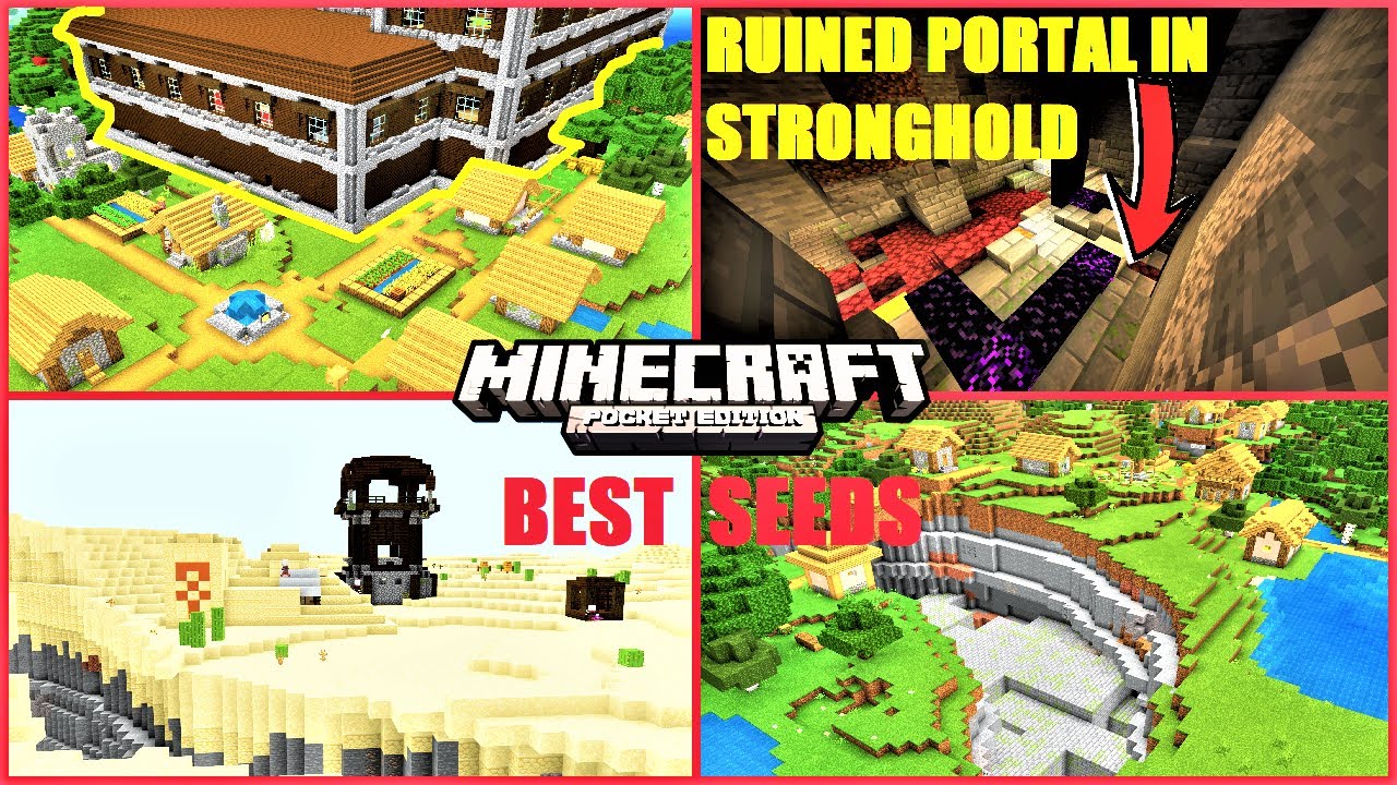 Minecraft PE - BEST SEEDS ! Ruined PORTAL IN STRONGHOLD, MANSION Village & More | MCPE