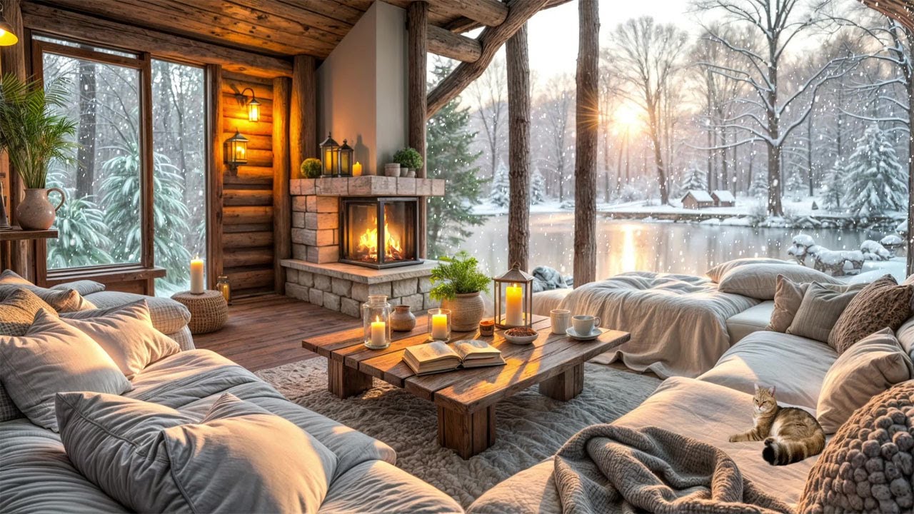 🌅 I Spent a Quiet Winter Morning in a Cozy Lake Cabin ❄️ Fireplace Glow, Snowfall & Pure Peace