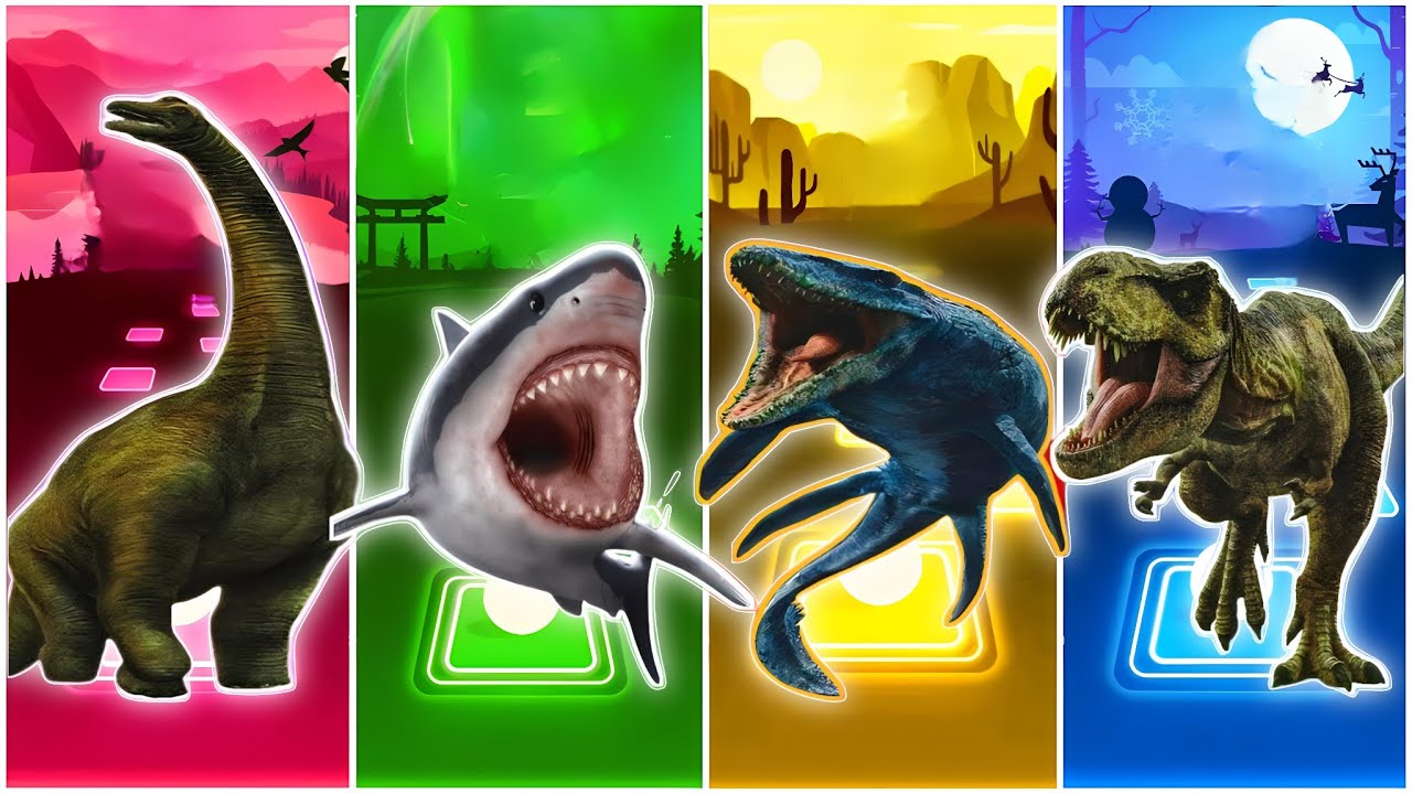 JurassicWorld T-rex Spider🆚The Mosasaurus🆚The Tyranosaurus🆚The Insdoraptor CoffinDance Song TilesHop