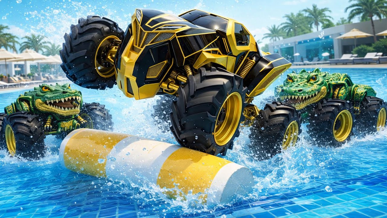 Epic Pool Run: Three Croc Monster Trucks Go All In 🐊🚙🌊 | Racing Car Animation