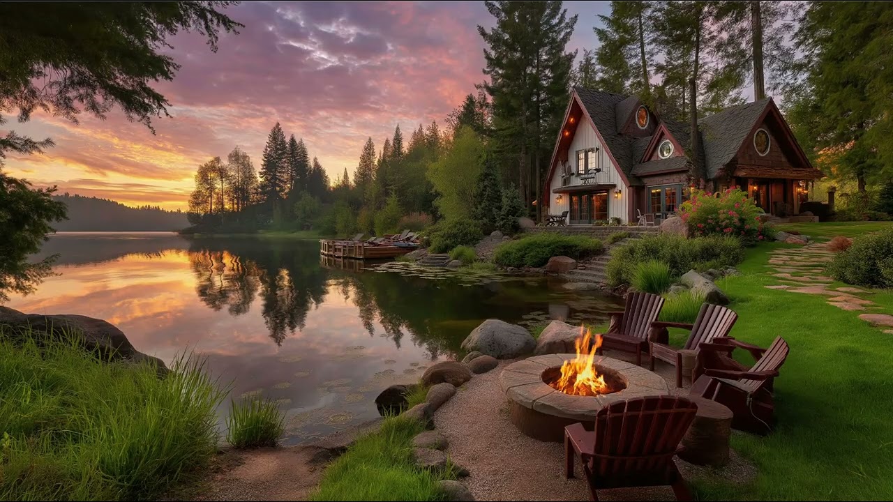 Relaxing Spring Cabin by the Lake | Crackling Campfire & Lake Waves for Study & Reading