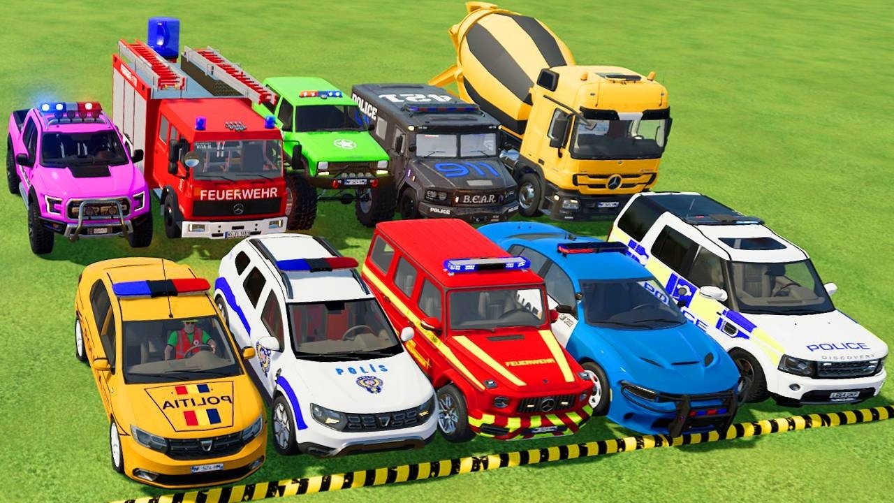 TRANSPORTING POLICE CARS, AMBULANCE, FIRE TRUCK, COLORFUL CARS WITH TRAIN -FARMING SIMULATOR 22!