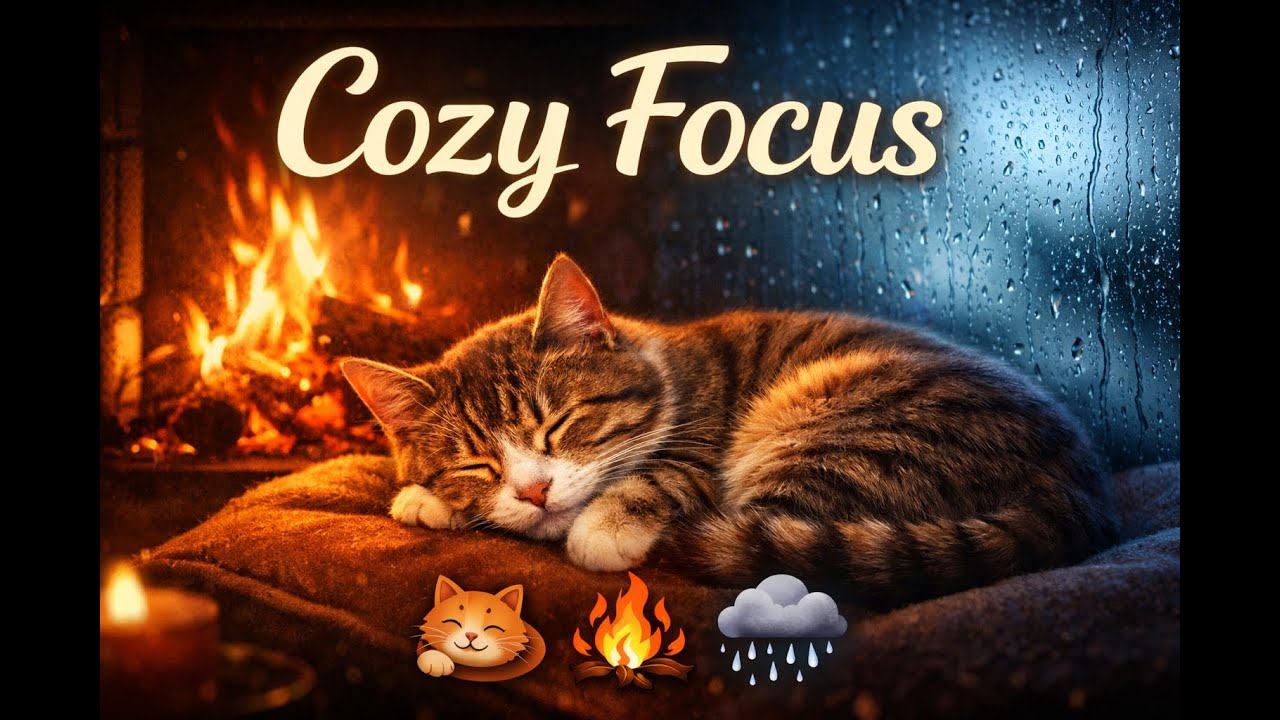 Rain, Fireplace & Cat Purring 🐱🔥🌧️ | Deep Focus, Study, Relax – 1 Hour