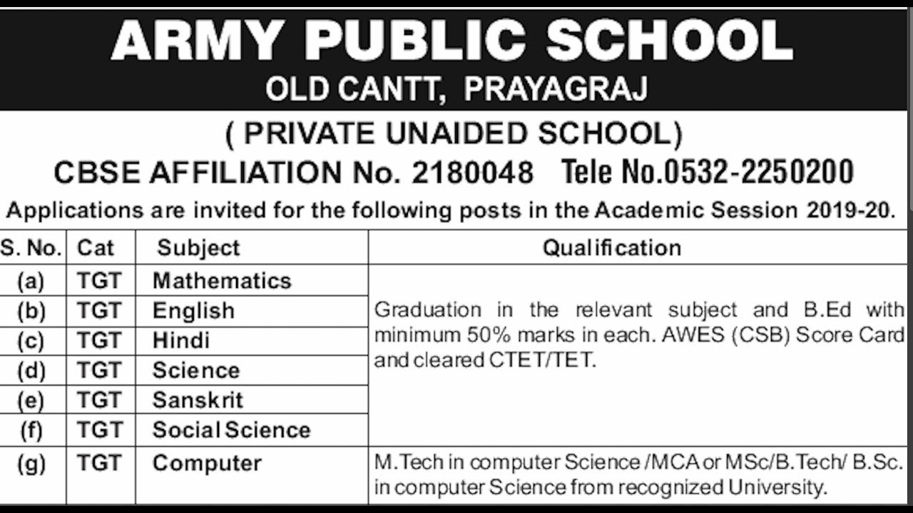 Army Public School Allahabad Recruitment 2019 TGT, Primary Teacher, Computer